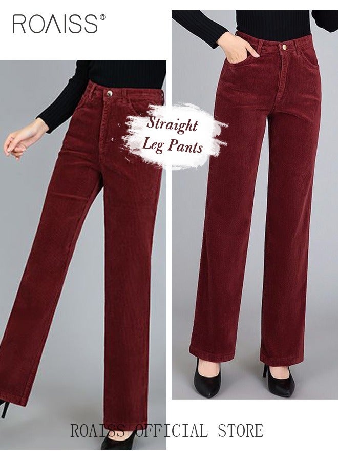 roaiss High Waist Wide Leg Pants for Women Pure Cotton Corduroy Soft Elastic Trousers Ladies Mom's Slant Pocket Long Pants Casual Plain New Arrival Trendy Straight Baggy - Image 5