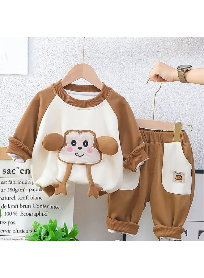 LITTLE SURPRISE BOX Brown 3D Monkey Face 2Pcs Track Suit Set For Winter And All Season Wear