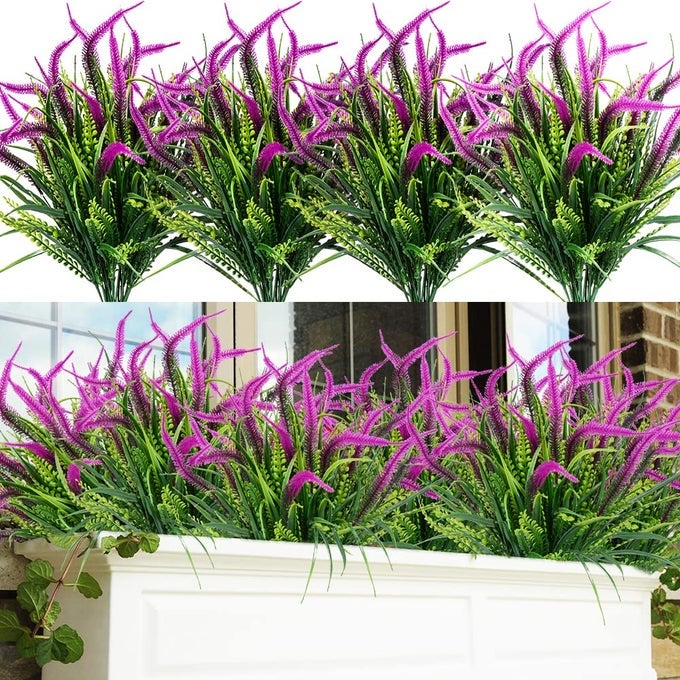 DYCICA 8 BUNDLES ARTIFICIAL FLOWERS OUTDOOR PLANTS FAUX UV RESISTANT LAVENDER PLASTIC SHRUBS INDOOR OUTSIDE GREENERY BUSHES FLOWER