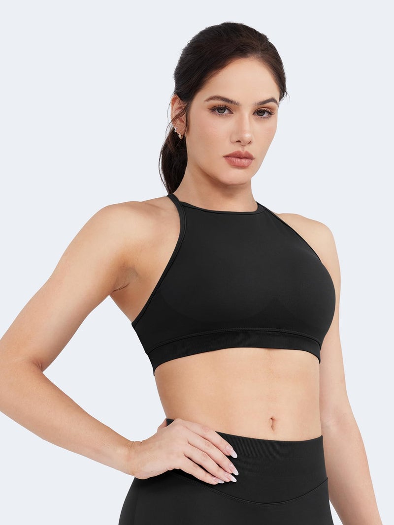 VOYJOY High Neck Sports Bra Adjustable Straps Yoga Crop Womens Workout Gym Yoga Bras Black - Image 3