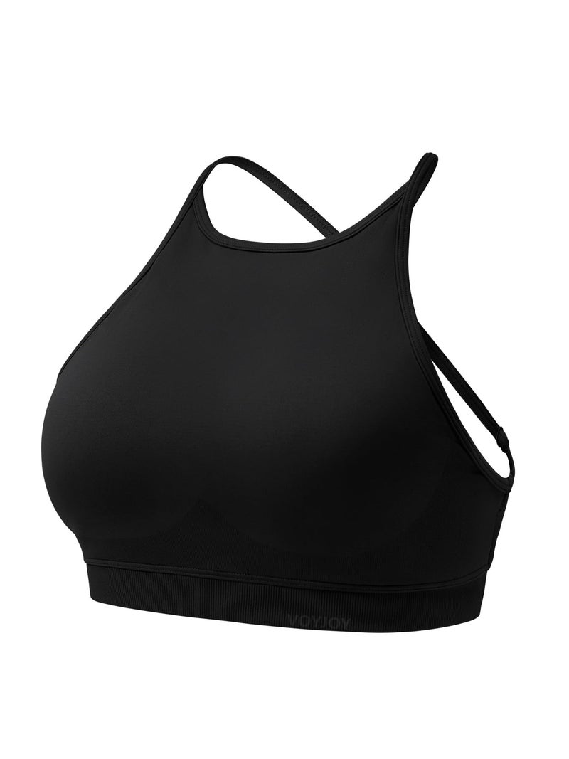VOYJOY High Neck Sports Bra Adjustable Straps Yoga Crop Womens Workout Gym Yoga Bras Black - Image 1