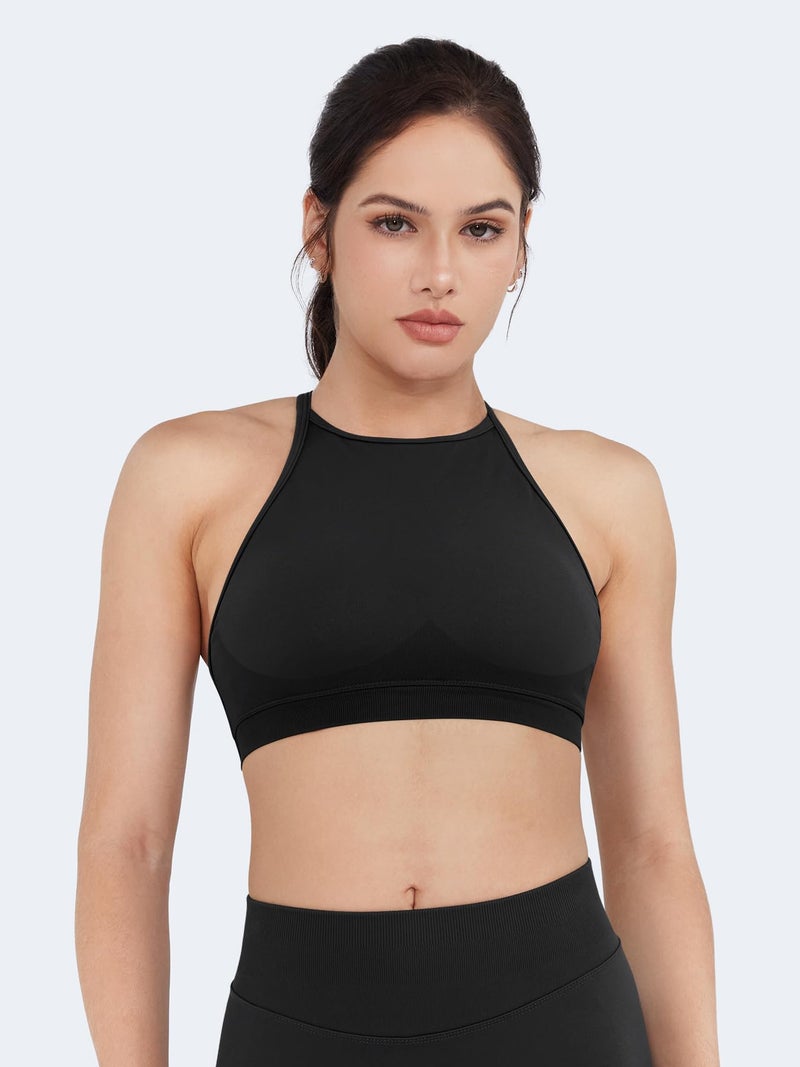 VOYJOY High Neck Sports Bra Adjustable Straps Yoga Crop Womens Workout Gym Yoga Bras Black - Image 5