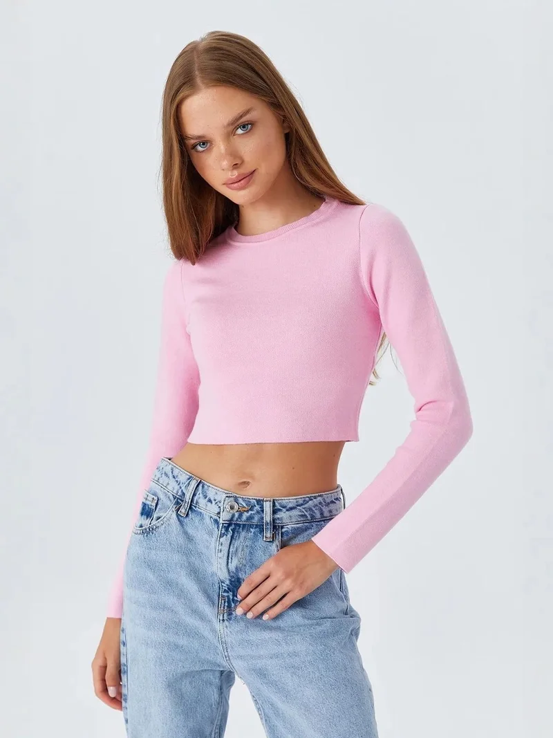 Mixray Long Sleeve Basic Crop Knit Top