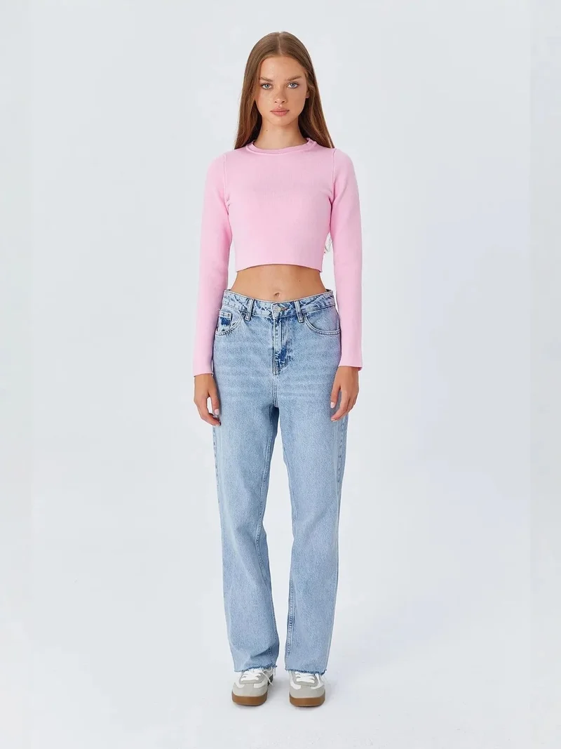 MixRay Powder Pink Mixray Long Sleeve Basic Crop Knit Top for Women | Best Price UAE