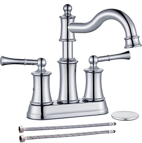 WINKEAR Roman Bathroom Sink Faucet Deck Mount or Wall Mount Installation Pop-up Drain Assembly with Overflow Deck Plate and Water Supply Lines Included (2 Hole Deck Mount, Chrome) - Image 1