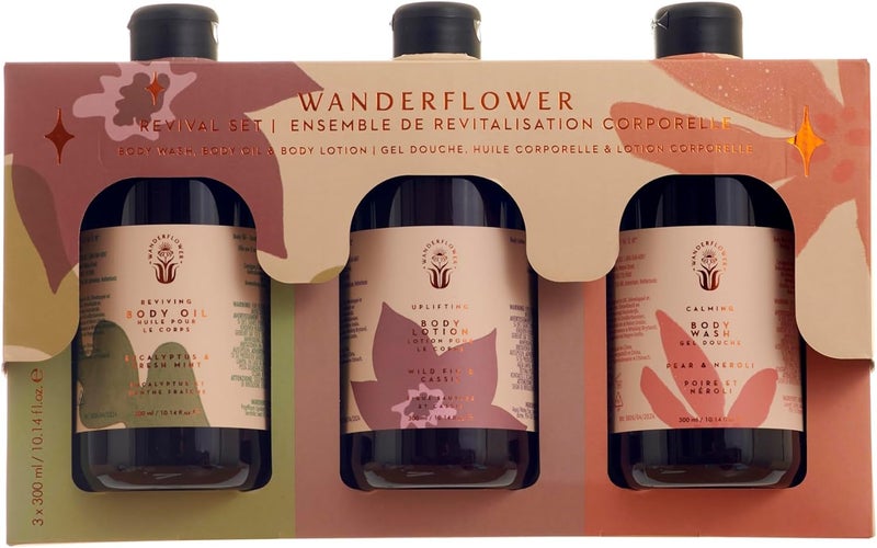 Wanderflower Body Revival Set of 3 Eucalyptus Mint Body Oil Wild Fig Cassis Body Lotion and Pear Neroli Body Wash