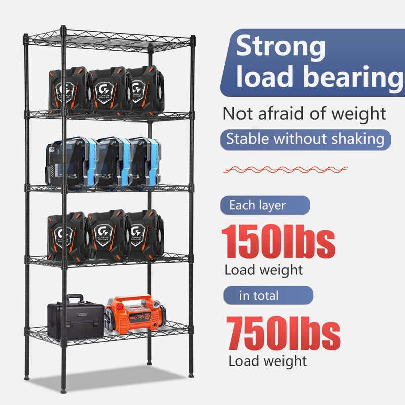 FDW 5 Tier 22L x 12W x 48H Pantry Shelves Adjustable Storage Rack Metal Shelf NSF Shelving Units for Kitchen Garage Small Places Commercial,Black - Image 4