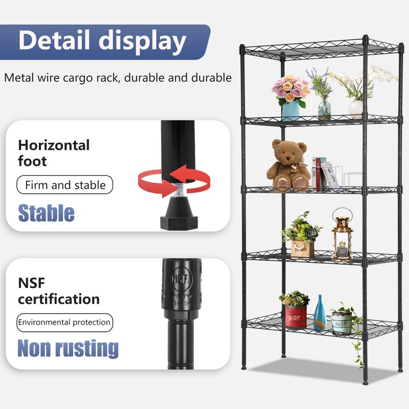 FDW 5 Tier 22L x 12W x 48H Pantry Shelves Adjustable Storage Rack Metal Shelf NSF Shelving Units for Kitchen Garage Small Places Commercial,Black - Image 3