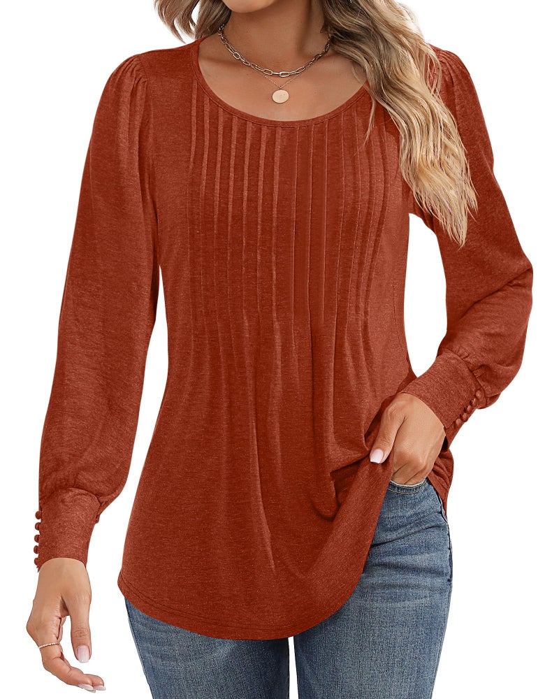 Ficerd Womens Puff Long Sleeve Tunic Tops Pleated Crew Neck Blouses Dressy Casual Loose Fit Fall and Winter ShirtsMediumPumpkin