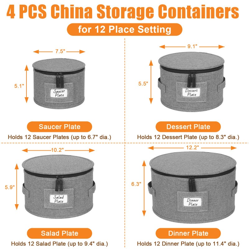 Kukikan China Storage Containers, 4PCS Hard Shell Dish Storage Containers with Felt Dividers for Charger Plates Dinnerware, Moving Boxes for Dishes, Stackable Plate Storage Cases for 12 Place Setting - Image 4