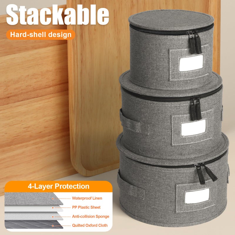 Kukikan China Storage Containers, 4PCS Hard Shell Dish Storage Containers with Felt Dividers for Charger Plates Dinnerware, Moving Boxes for Dishes, Stackable Plate Storage Cases for 12 Place Setting - Image 2