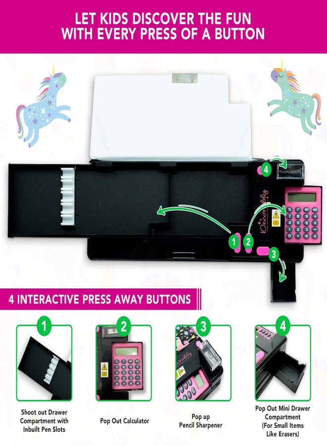 Decorably Pop Up Multifunctional Unicorn Pencil Case with Calculator for Girls, Sharpener, Pen Slots and Mini Drawer - Pencil Case for Kids with 2 Main Compartments - Image 2