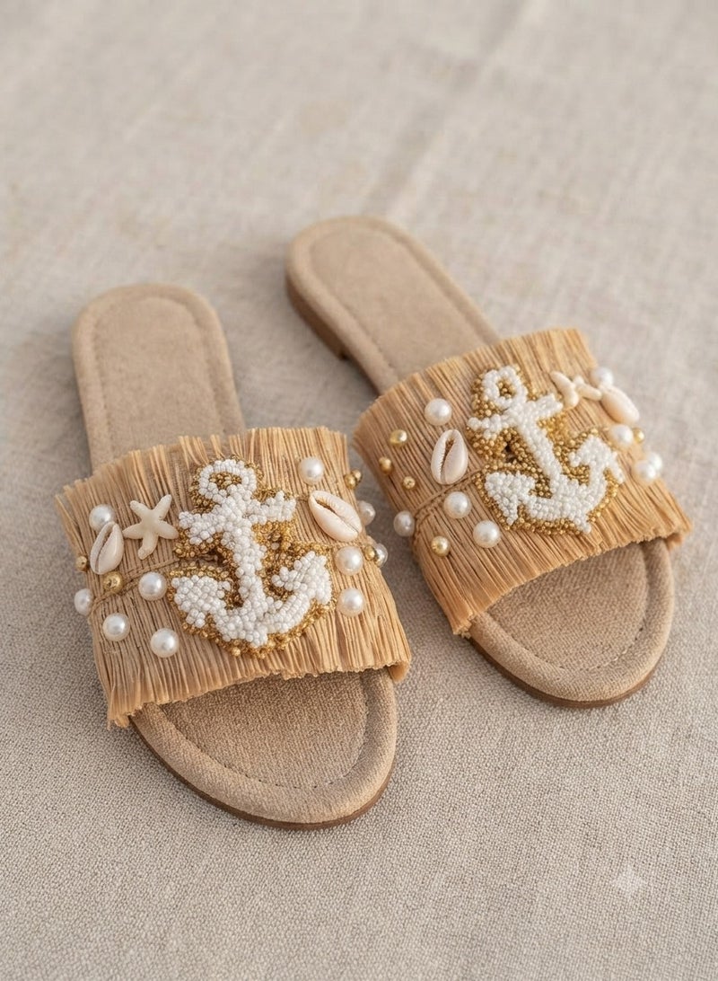 Women summer slides burlap jute slippers with shell and anchor