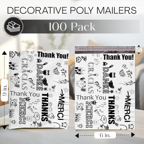 Shop4Mailers 6 x 9 Glossy Decorative Thank You Plastic Poly Mailer Bags Waterproof Shipping Mailing Envelope 2 Mil – Permanent Adhesive Seal (100 Pack, Multi-Language) - Image 2