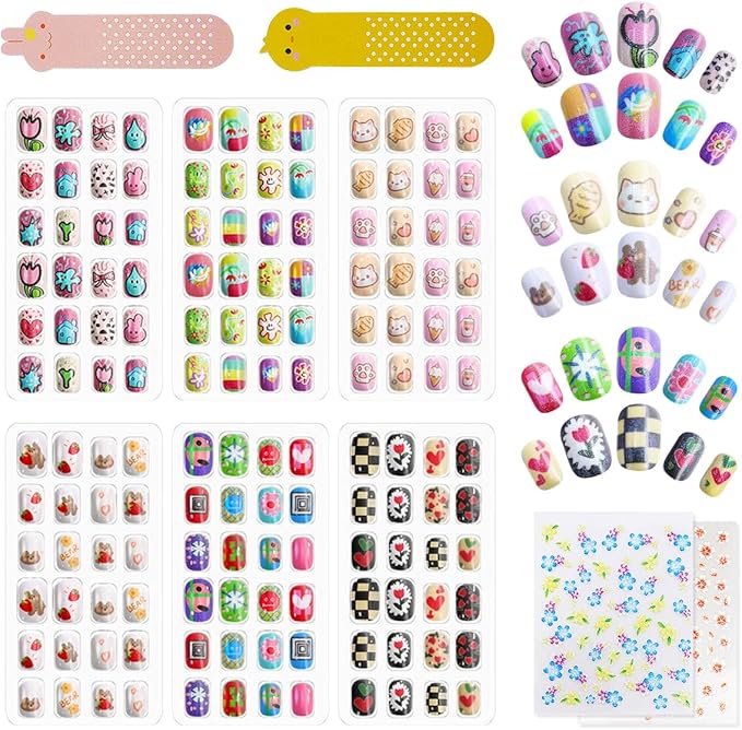 SeseBee 144Pcs Kids Press on Nails Children Girls Short Artificial Fake Nails No fading Stable Quick Stick on Cute Rainbow Unicorn Pre Glue Full Cover Acrylic Nail Tip Kit Gift Kids Nail Decoration Unicorn - Image 2