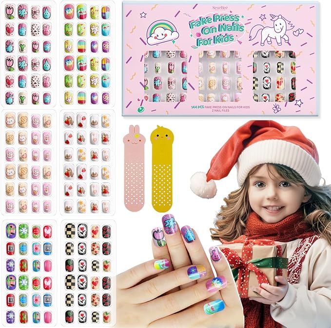 SeseBee 144Pcs Kids Press on Nails Children Girls Short Artificial Fake Nails No fading Stable Quick Stick on Cute Rainbow Unicorn Pre Glue Full Cover Acrylic Nail Tip Kit Gift Kids Nail Decoration Unicorn - Image 1