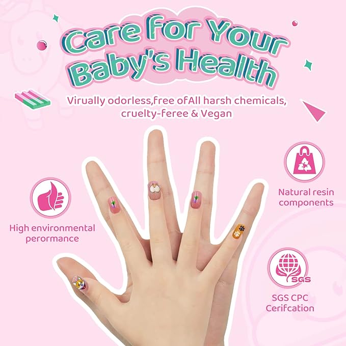 SeseBee 144Pcs Kids Press on Nails Children Girls Short Artificial Fake Nails No fading Stable Quick Stick on Cute Rainbow Unicorn Pre Glue Full Cover Acrylic Nail Tip Kit Gift Kids Nail Decoration Unicorn - Image 5