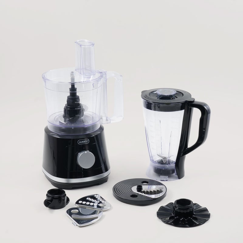 ألبرتو محضرة طعام بولي بروبيلين بشفرات ستانلس ستيل مع وعاء 1.6 لتر وخلاط 1.5 لتر، أسود 800 واط - Image 1