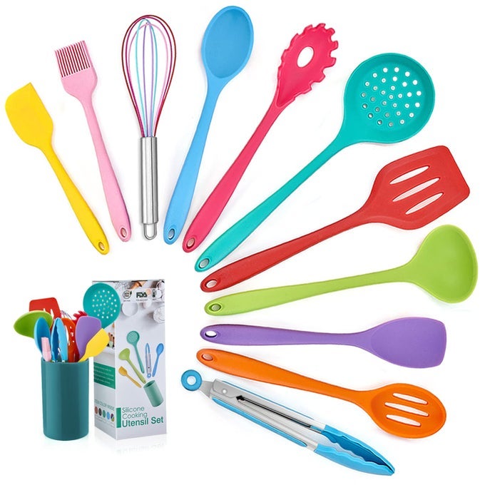 KITCHEN UTENSIL SET 12 PIECE COOKING UTENSILS SILICONE KITCHEN UTENSILS SET WITH HOLDER HEAT RESISTANT KITCHEN TOOLS INCLUDE SPOONS TURNER SPATULA TONG FOR NONSTICK COOKWARE MULTICOLOR