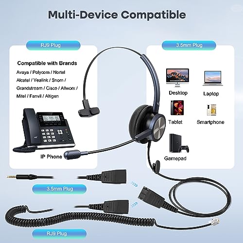 MAIRDI Telephone Headset with RJ9 & 3.5mm Jack for Office Landline Deskphone Cell Phone PC Laptop, Call Center Phone Headset with Microphone, Works for Cisco 7941 7965 6941 7861 8961 - Image 4