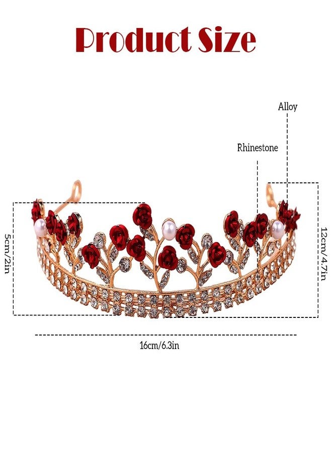 OHEETU Glitter Red Rose Rhinestones Pearl Tiaras Bride Princess Queen Floral Crowns Headbands Headpiece Hair Decor Jewelry Accessories for Wedding Party - Image 2