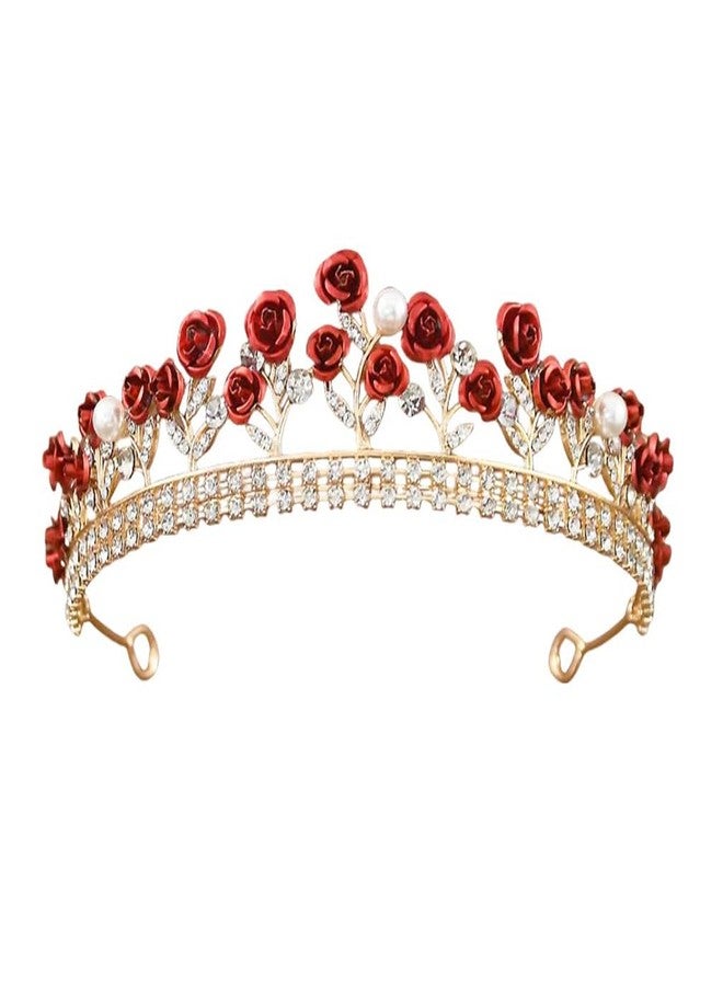 OHEETU Glitter Red Rose Rhinestones Pearl Tiaras Bride Princess Queen Floral Crowns Headbands Headpiece Hair Decor Jewelry Accessories for Wedding Party - Image 1