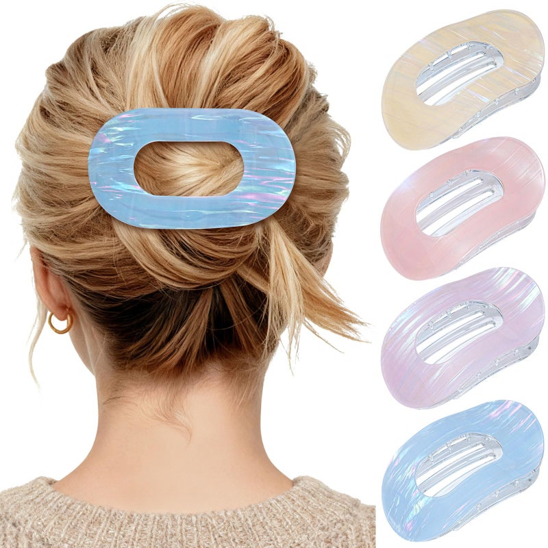 Mesovor 4 Pack French Flat Hair Clips for Women, 3.74" Nonslip Stylish Round Duckbill Lay Flat Hair Claw | Side Slide Volume Flat Hairclips for Lying Down, Yoga, Driving (Mermaid Stripes) - Image 1
