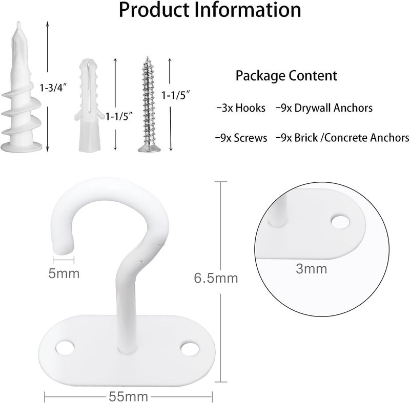 LangPu Ceiling Hooks for Hanging Plants-Metal Heavy Duty Wall Mounted Hangers for Hanging Bird Feeders, Planters, Wind Chimes, Include Professional Drywall Anchors (Pure White) 3 Pack - Image 2