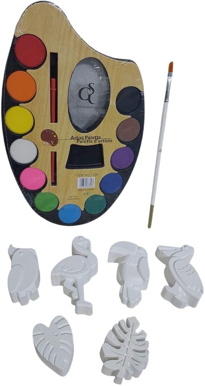 Hape Gypsum Shapes for Coloring +12-Color Watercolor Palette + Free Brush.It Helps Children who Love Art and Nature to Learn Colors and Develop their Creative Skills. (6 Tropical Shapes)