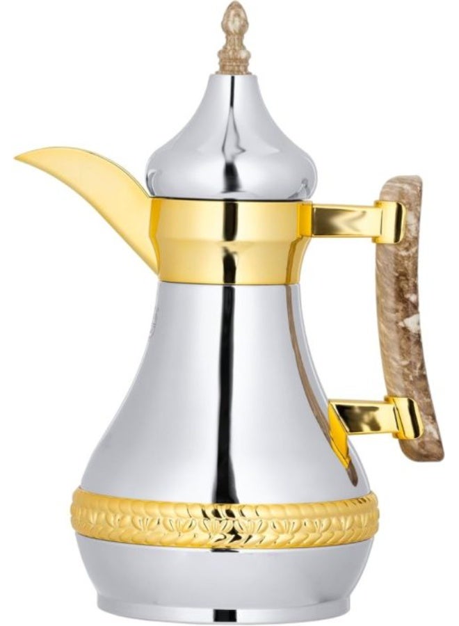 السيف ترمس كيناز 600 مل، ستانلس ستيل، عزل حراري متطور، مقبض رخامي – فضي × ذهبي