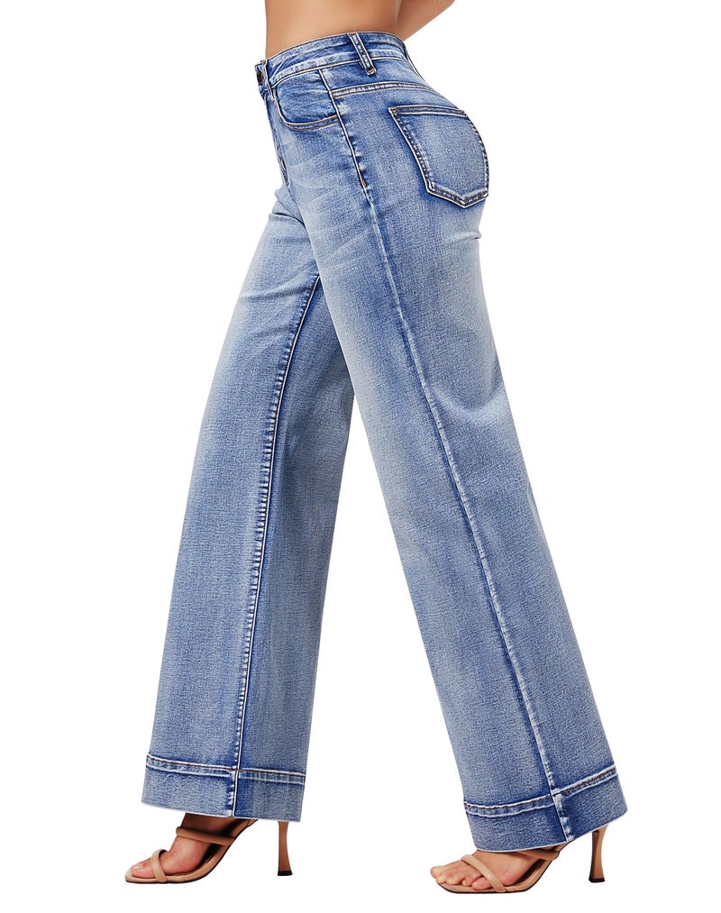 roswear Women's Wide Leg Jeans Casual High Waisted Stretchy Baggy Loose Long Trouser Jeans Light Blue Large - Image 2