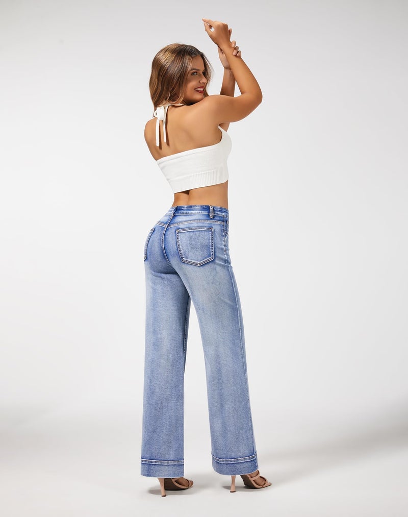 roswear Women's Wide Leg Jeans Casual High Waisted Stretchy Baggy Loose Long Trouser Jeans Light Blue Large - Image 4