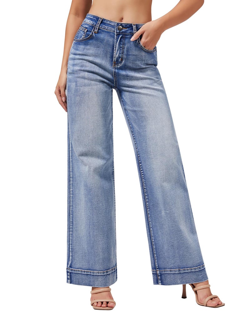 roswear Women's Wide Leg Jeans Casual High Waisted Stretchy Baggy Loose Long Trouser Jeans Light Blue Large - Image 1