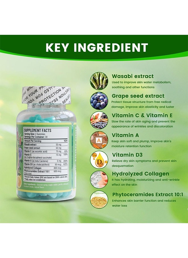 Anti-Aging Gummies, Wasabi and Grape Seed Extract Gummy Supplements, Anti-Wrinkle and Skin Firmness Support, Lemon Flavor, 60 Count