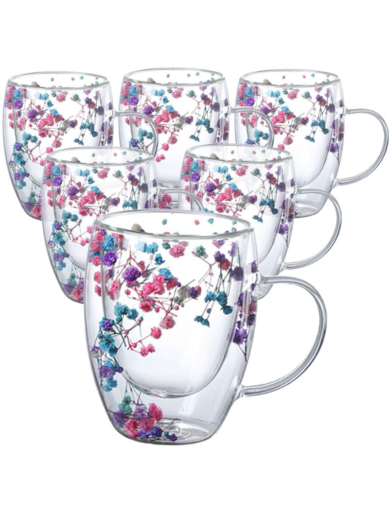 3Diamonds Double Wall Glass Coffee Mugs 350ml with Real Dry Flowers Set of 6, Insulated Flower Glass Mugs, Aesthetic Clear Cups, Unique Gift Box - Image 1