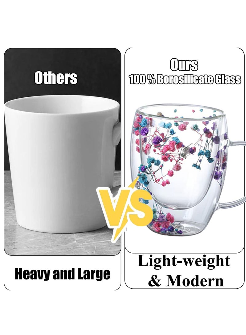 3Diamonds Double Wall Glass Coffee Mugs 350ml with Real Dry Flowers Set of 6, Insulated Flower Glass Mugs, Aesthetic Clear Cups, Unique Gift Box - Image 5