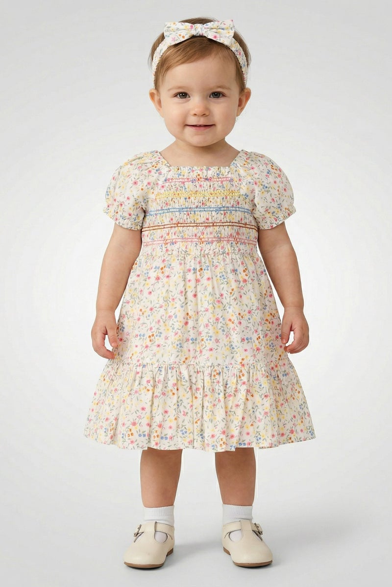 Willow & Whistle Toddlers Girl 2Pcs Floral Smocking Dress And Headband Set, Multicolor - Image 1
