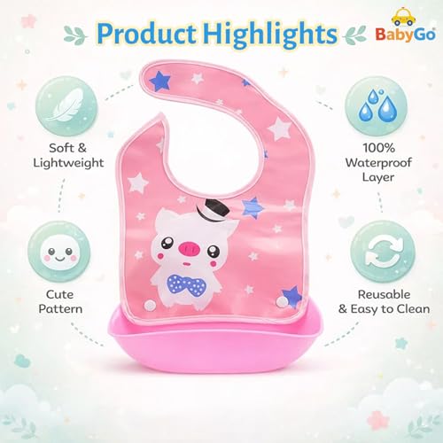 BabyGo Silicone Baby Bibs | Detachable Waterproof Apron Feeding Bibs for Infants & Toddlers, Washable, Reusable & Adjustable Neck, Soft & Durable Feeding Bibs | Set of 2 (Random Colors) - Image 3