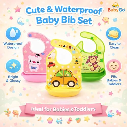 BabyGo Silicone Baby Bibs | Detachable Waterproof Apron Feeding Bibs for Infants & Toddlers, Washable, Reusable & Adjustable Neck, Soft & Durable Feeding Bibs | Set of 2 (Random Colors) - Image 5
