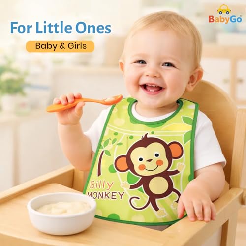 BabyGo Silicone Baby Bibs | Detachable Waterproof Apron Feeding Bibs for Infants & Toddlers, Washable, Reusable & Adjustable Neck, Soft & Durable Feeding Bibs | Set of 2 (Random Colors) - Image 2