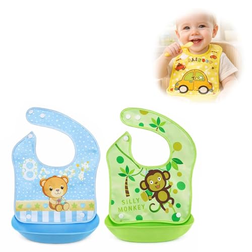 BabyGo Silicone Baby Bibs | Detachable Waterproof Apron Feeding Bibs for Infants & Toddlers, Washable, Reusable & Adjustable Neck, Soft & Durable Feeding Bibs | Set of 2 (Random Colors) - Image 1