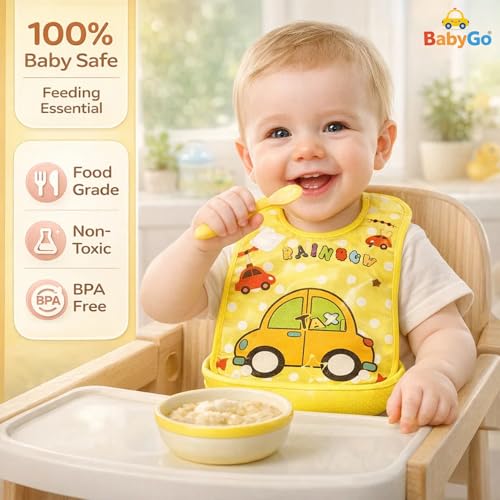 BabyGo Silicone Baby Bibs | Detachable Waterproof Apron Feeding Bibs for Infants & Toddlers, Washable, Reusable & Adjustable Neck, Soft & Durable Feeding Bibs | Set of 2 (Random Colors) - Image 4