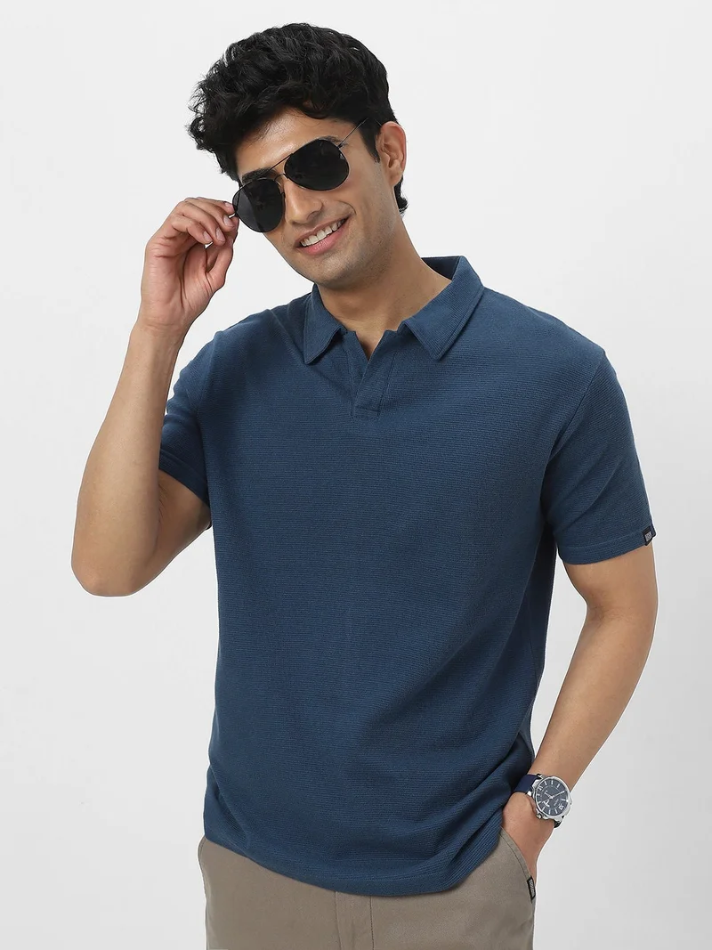 Urbano Fashion  Urbano Fashion Men's Deep Navy Textured Regular Fit Half Sleeve Cotton Polo T-Shirt  | Best Price UAE