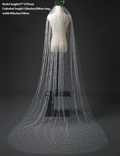 Elawbty 1 Tier Pearl Chapel Length Wedding Bridal Veil With Metal Comb Ivory F55 - Image 3