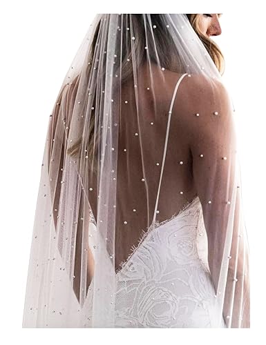 Elawbty 1 Tier Pearl Chapel Length Wedding Bridal Veil With Metal Comb Ivory F55 - Image 1
