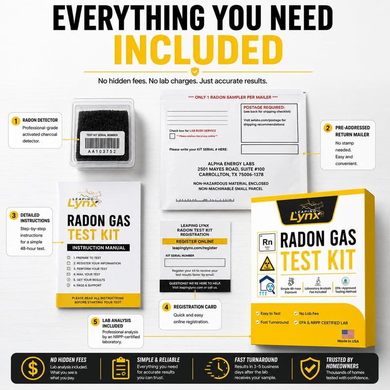Leaping Lynx EPA-Approved Radon Test Kit for Home, Lab Fee Included - 48-Hour Short Term Radon Detector with Pro Lab Report in 3-5 Days - Just Expose Radon Tester, Apply Postage + Mail, & Get Radon Testing Results - Image 4