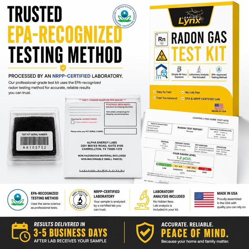 Leaping Lynx EPA-Approved Radon Test Kit for Home, Lab Fee Included - 48-Hour Short Term Radon Detector with Pro Lab Report in 3-5 Days - Just Expose Radon Tester, Apply Postage + Mail, & Get Radon Testing Results - Image 3