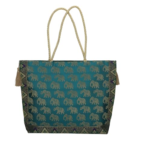 E - Ezra Designer Ethnic Handmade Brocade Silk Tote Bag For Women's Shoulder Bag Shopping Bag For Girls 16 Inch (Green) - Image 1