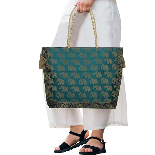 E - Ezra Designer Ethnic Handmade Brocade Silk Tote Bag For Women's Shoulder Bag Shopping Bag For Girls 16 Inch (Green) - Image 2