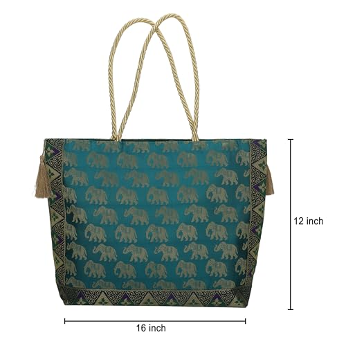 E - Ezra Designer Ethnic Handmade Brocade Silk Tote Bag For Women's Shoulder Bag Shopping Bag For Girls 16 Inch (Green) - Image 3